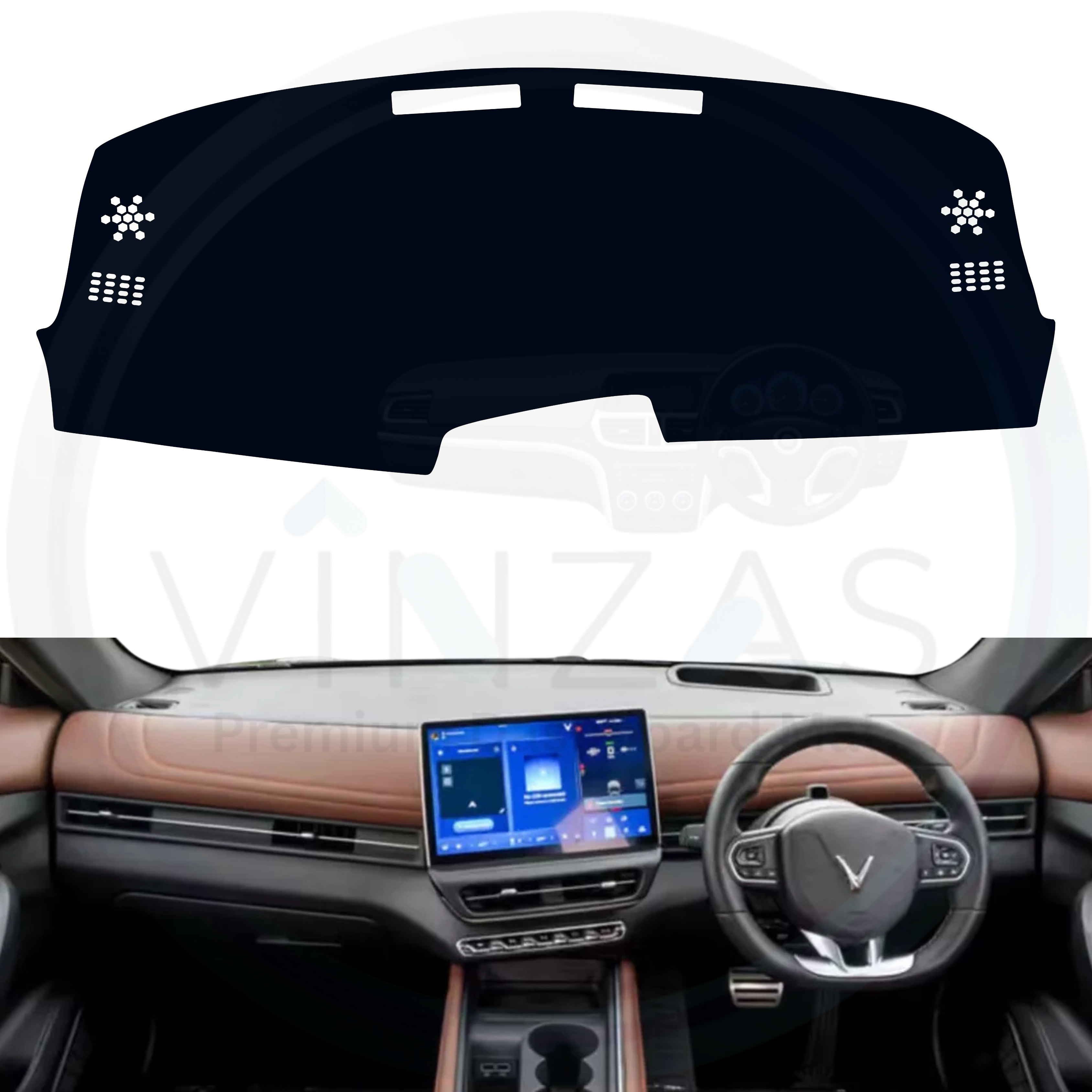 Black custom car dashboard cover installed in a Vinfast VF 7