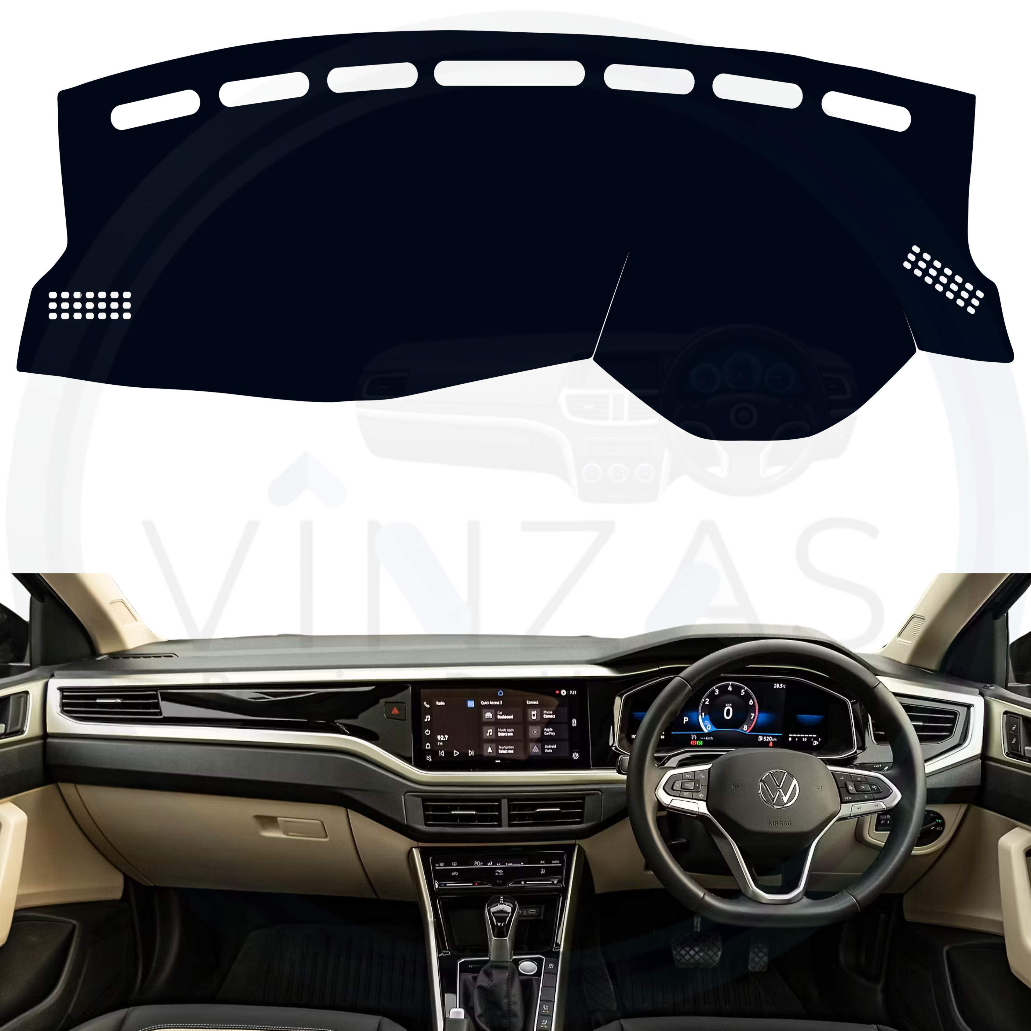 Black custom car dashboard cover installed in a Virtus
