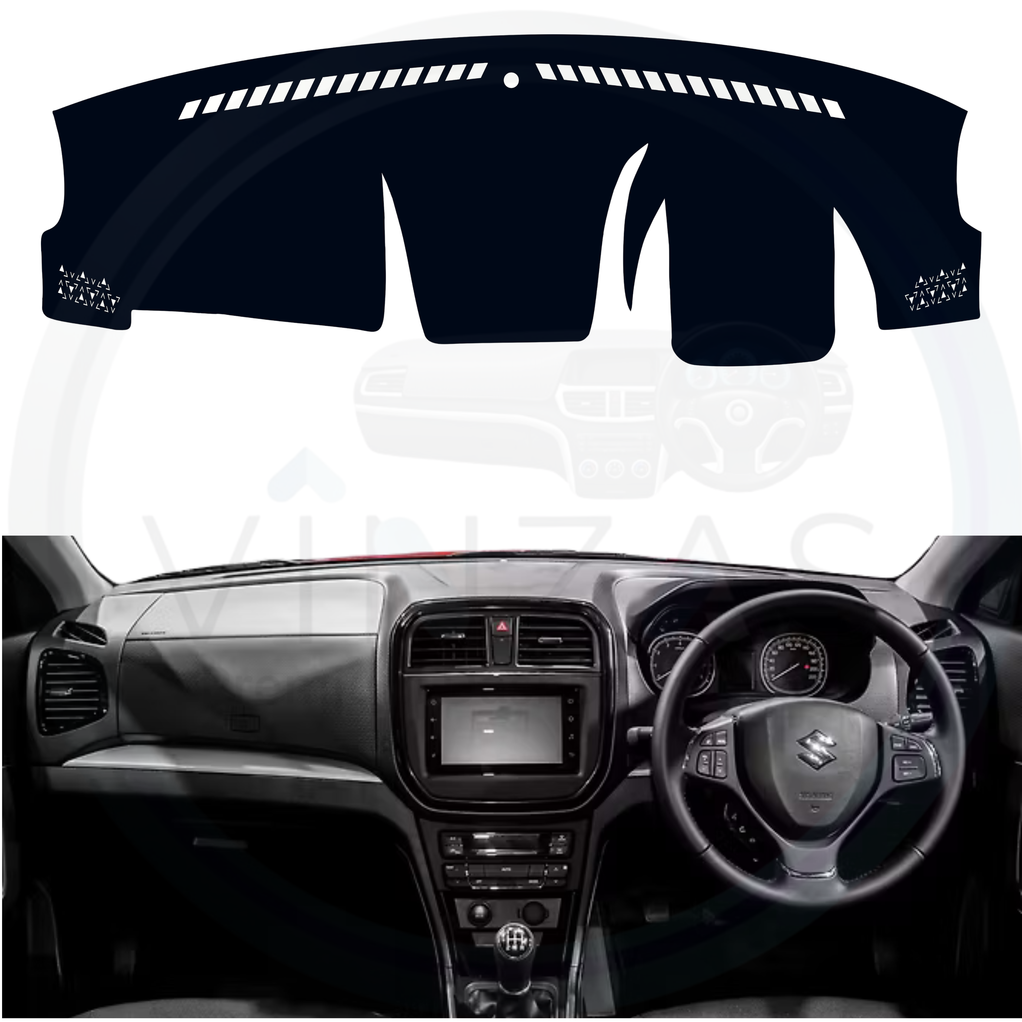 Black custom car dashboard cover installed in a Vitara Brezza
