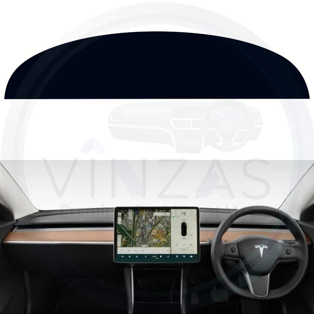 Black custom car dashboard cover installed in a Tesla 3 