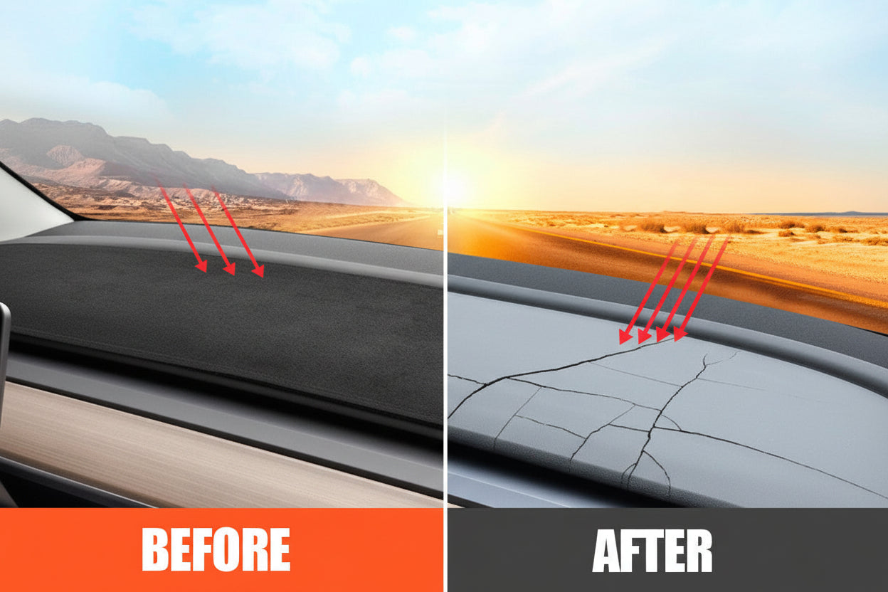 Comparison of a car dashboard with and without a protective film, labeled 'Before' and 'After'.
